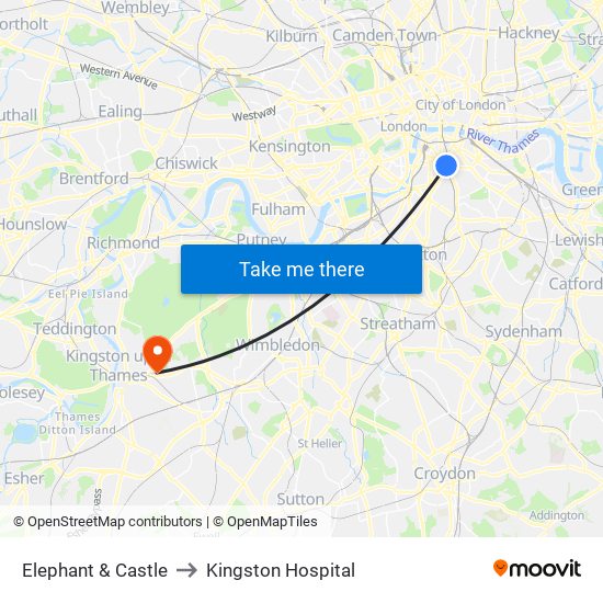 Elephant & Castle to Kingston Hospital map