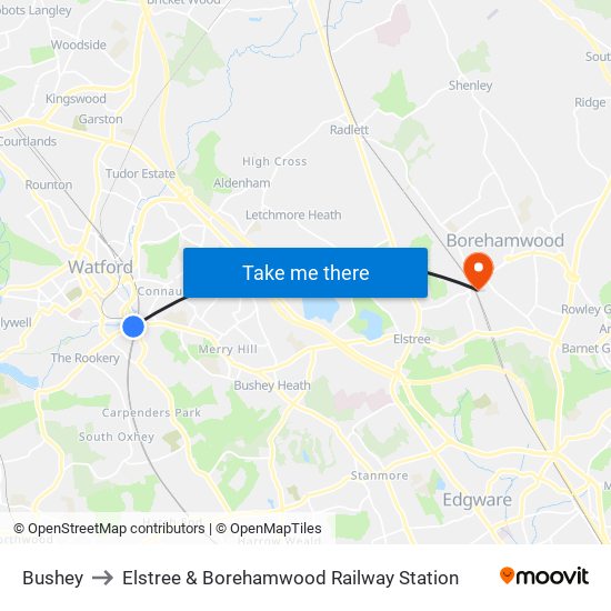 Bushey to Elstree & Borehamwood Railway Station map