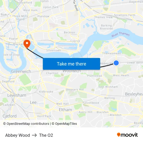 Abbey Wood to The O2 map