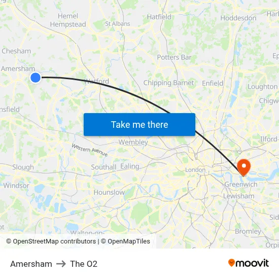 Amersham to The O2 map