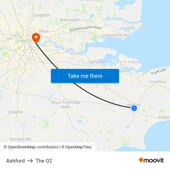 Ashford to The O2 map