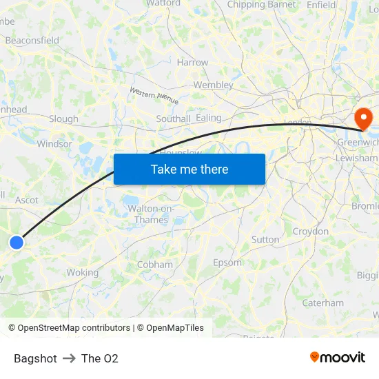 Bagshot to The O2 map