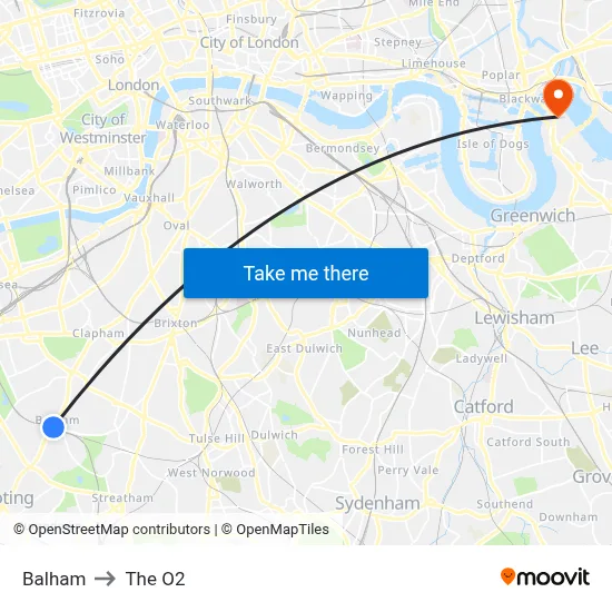 Balham to The O2 map