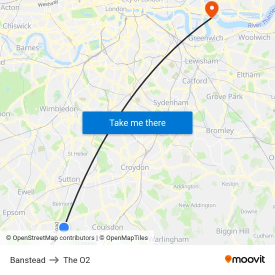 Banstead to The O2 map