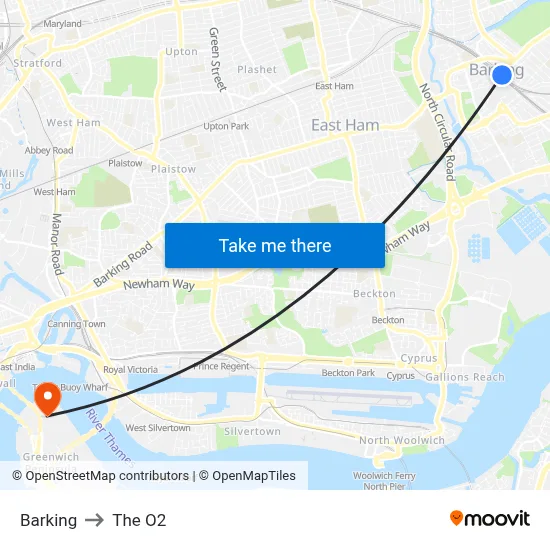 Barking to The O2 map