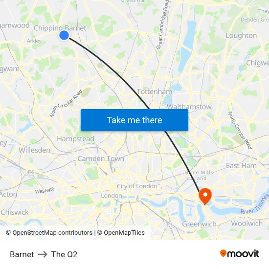 Barnet to The O2 map