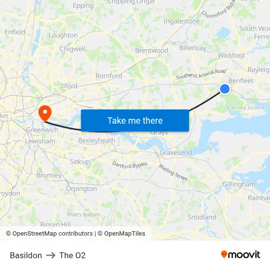 Basildon to The O2 map