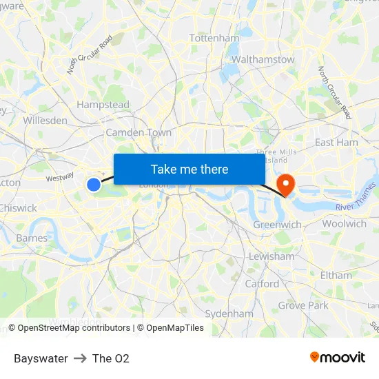 Bayswater to The O2 map