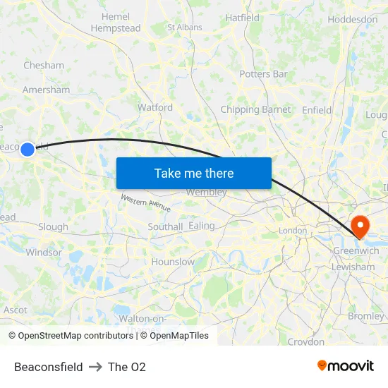 Beaconsfield to The O2 map