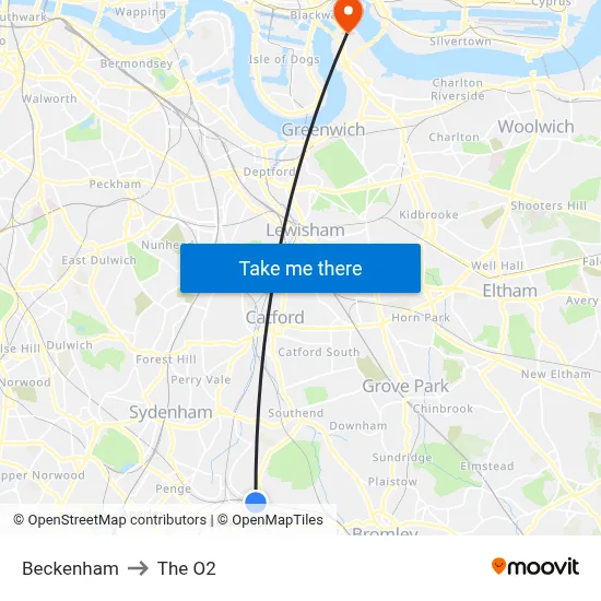 Beckenham to The O2 map