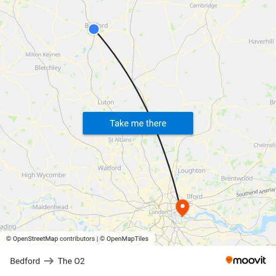Bedford to The O2 map