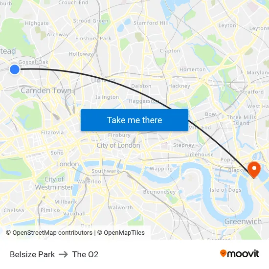 Belsize Park to The O2 map