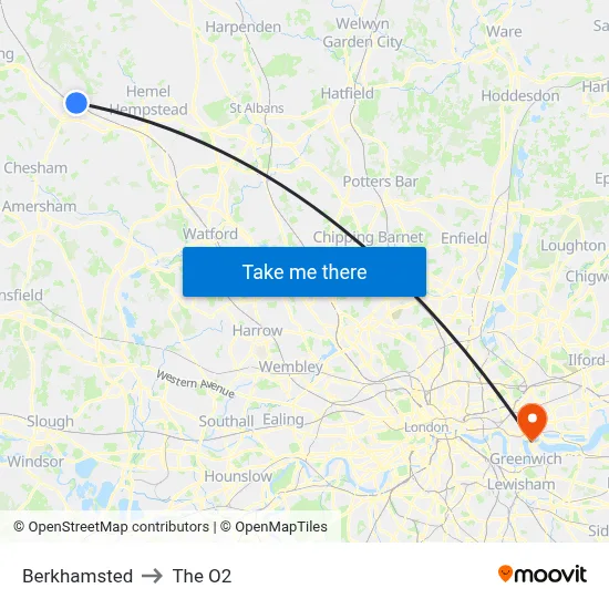 Berkhamsted to The O2 map