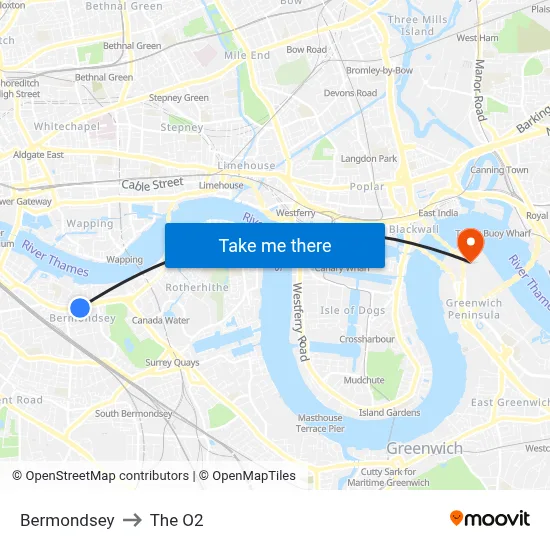 Bermondsey to The O2 map
