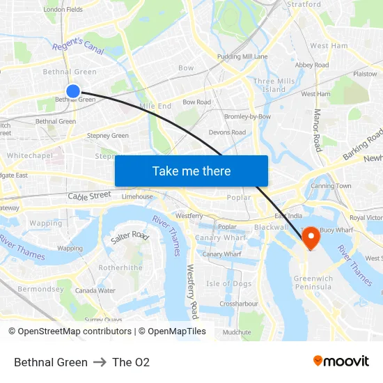 Bethnal Green to The O2 map