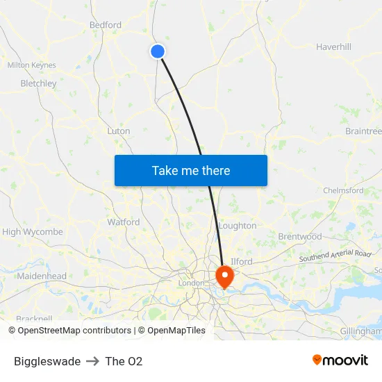 Biggleswade to The O2 map