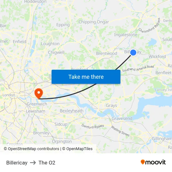 Billericay to The O2 map
