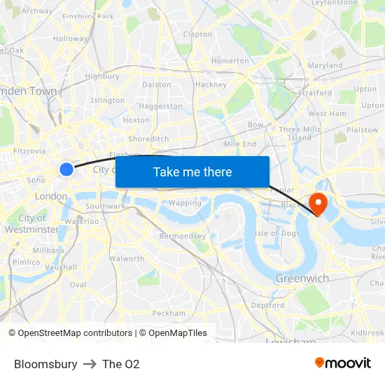 Bloomsbury to The O2 map