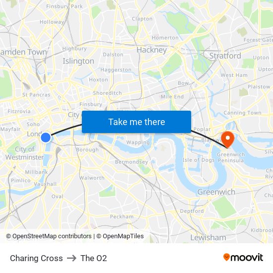 Charing Cross to The O2 map