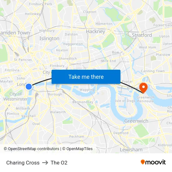 Charing Cross to The O2 map