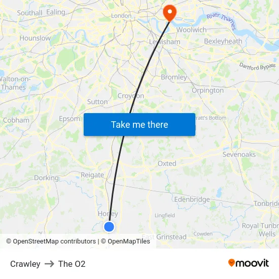 Crawley to The O2 map