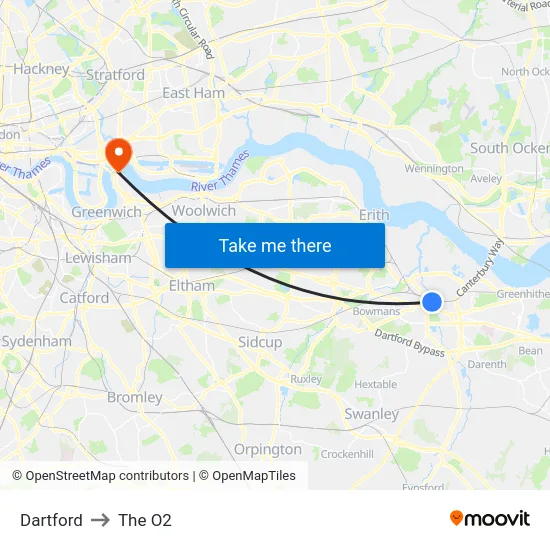 Dartford to The O2 map