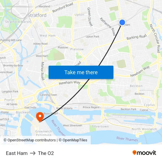 East Ham to The O2 map