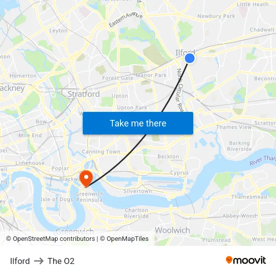 Ilford to The O2 map
