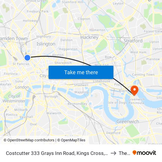 Costcutter 333 Grays Inn Road, Kings Cross, London, Wc1x 8px to The O2 map