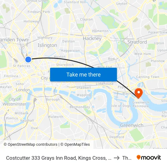 Costcutter 333 Grays Inn Road, Kings Cross, London, Wc1x 8px to The O2 map