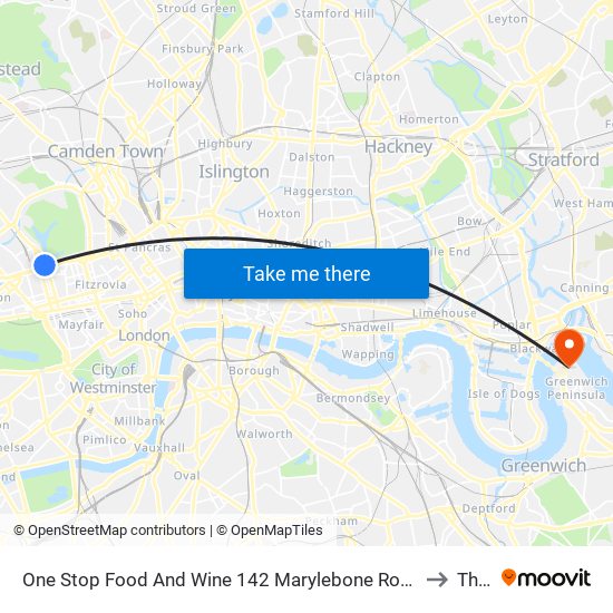 One Stop Food And Wine 142 Marylebone Road, Marylebone, London, Nw1 5ph to The O2 map