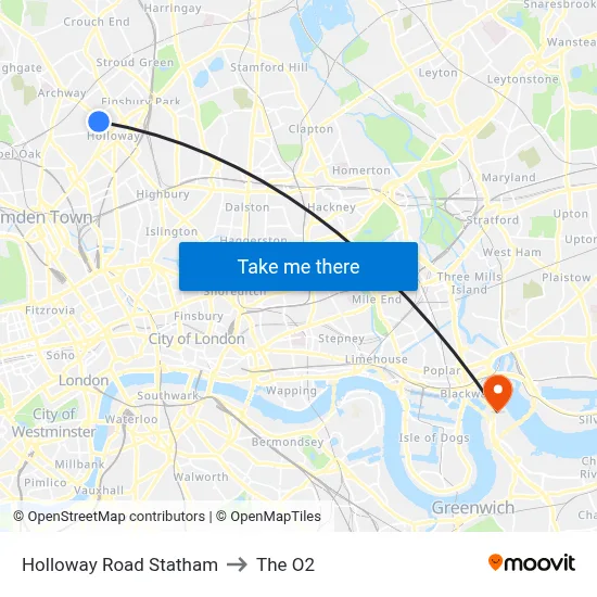 Holloway Road Statham, Holloway London to The O2 map