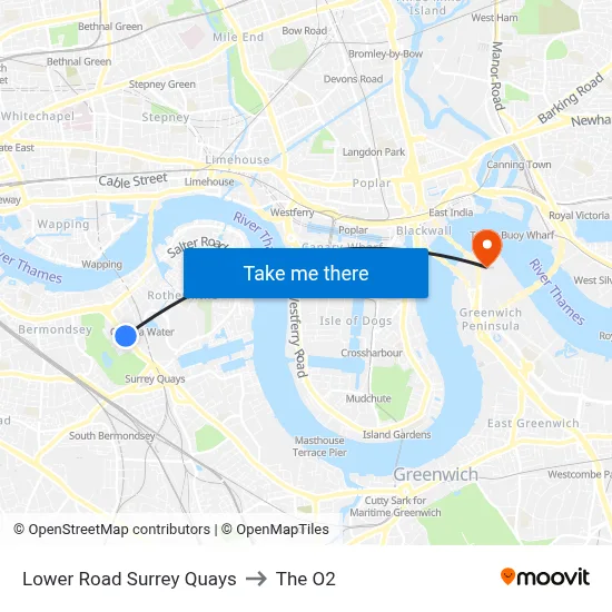 Lower Road Surrey Quays, Rotherhithe (SE16) London to The O2 map
