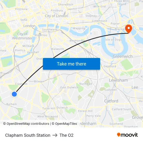 Clapham South Station to The O2 map