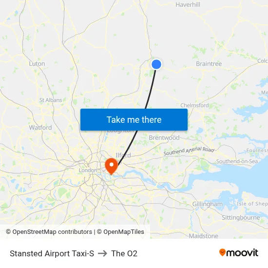 Stansted Airport Taxi-S to The O2 map