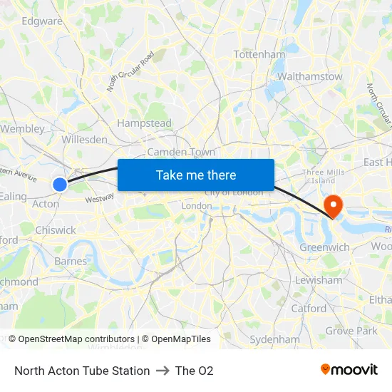 North Acton Tube Station, Acton London to The O2 map
