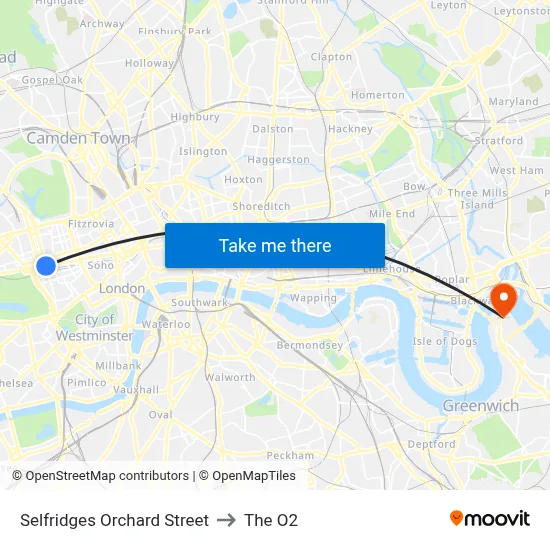 Selfridges Orchard Street, Marylebone Londra to The O2 map