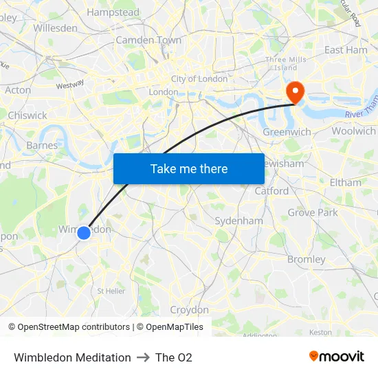 Wimbledon Meditation, 9 Compton Road Wimbledon Londra SW19 7QA to The O2 map