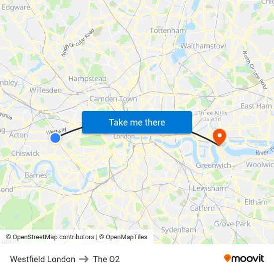 Westfield London to The O2 map