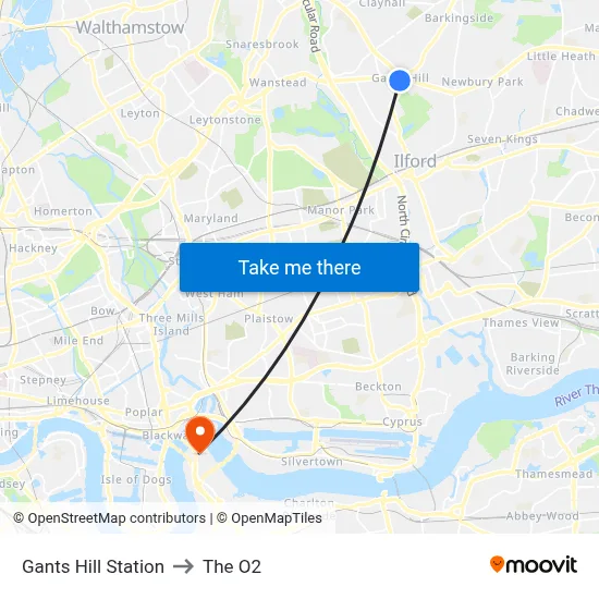 Gants Hill Station to The O2 map