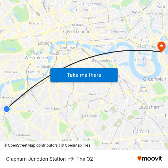 Clapham Junction Station to The O2 map