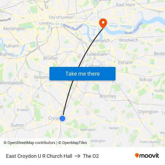 East Croydon U R Church Hall to The O2 map