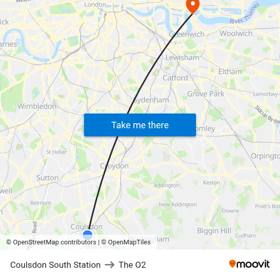 Coulsdon South Station to The O2 map