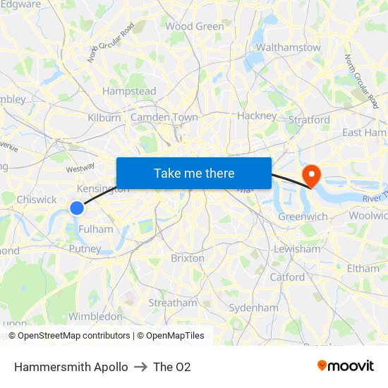 Hammersmith Apollo to The O2 map