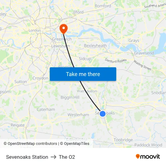 Sevenoaks Station to The O2 map