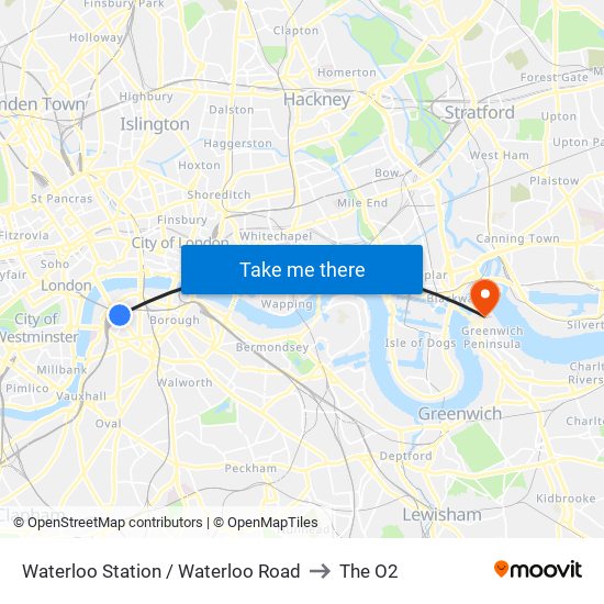 Waterloo Station / Waterloo Road to The O2 map