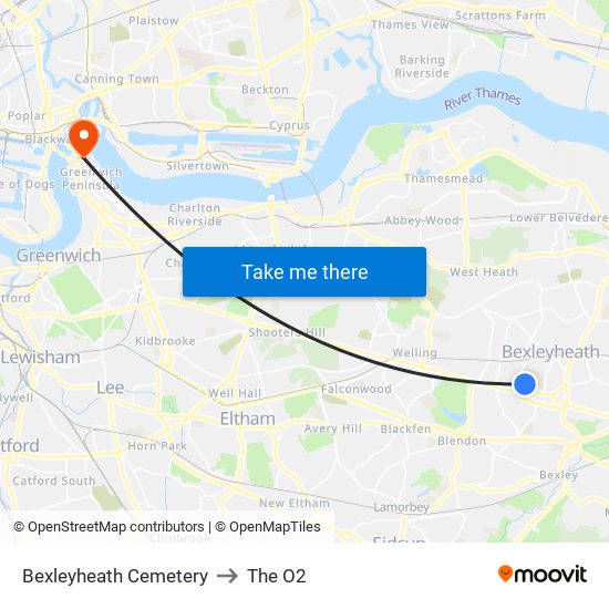 Bexleyheath Cemetery to The O2 map