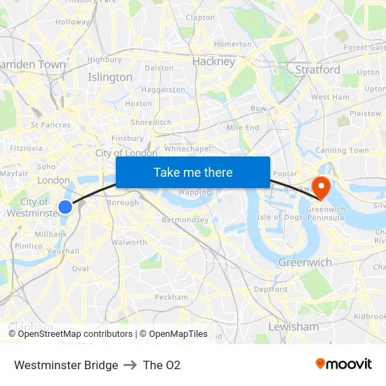 Westminster Bridge to The O2 map