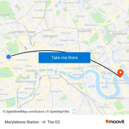 Marylebone Station to The O2 map