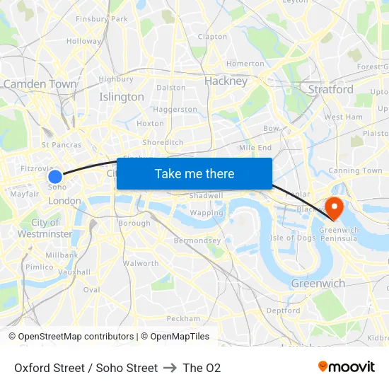 Oxford Street / Soho Street to The O2 map